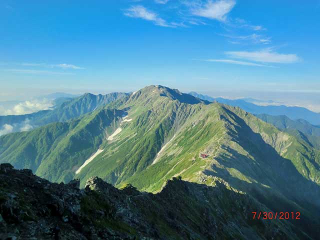北岳側より北岳山荘・中白根・間ノ岳